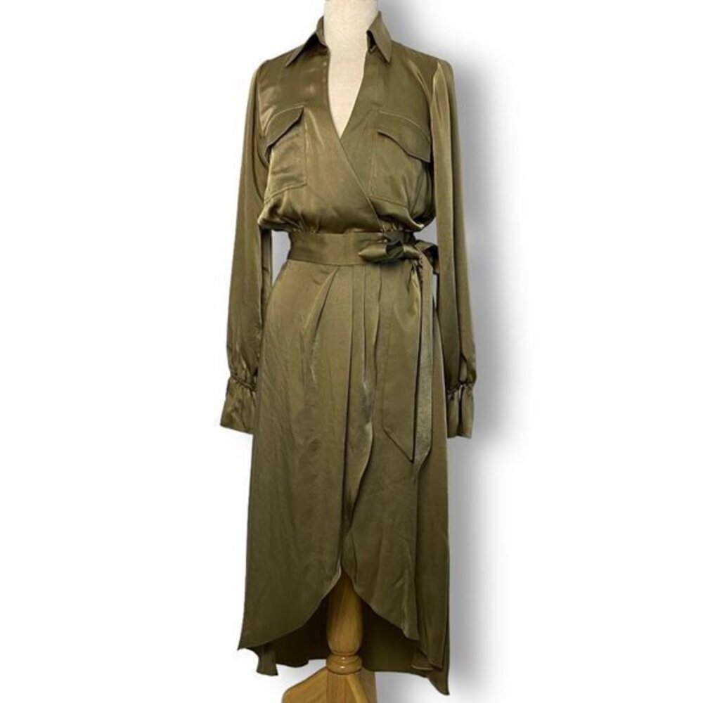 Ramy Brook Laney Satin Midi Shirt Dress, Soft Green, Sz 00, NWOT, Long Sleeve